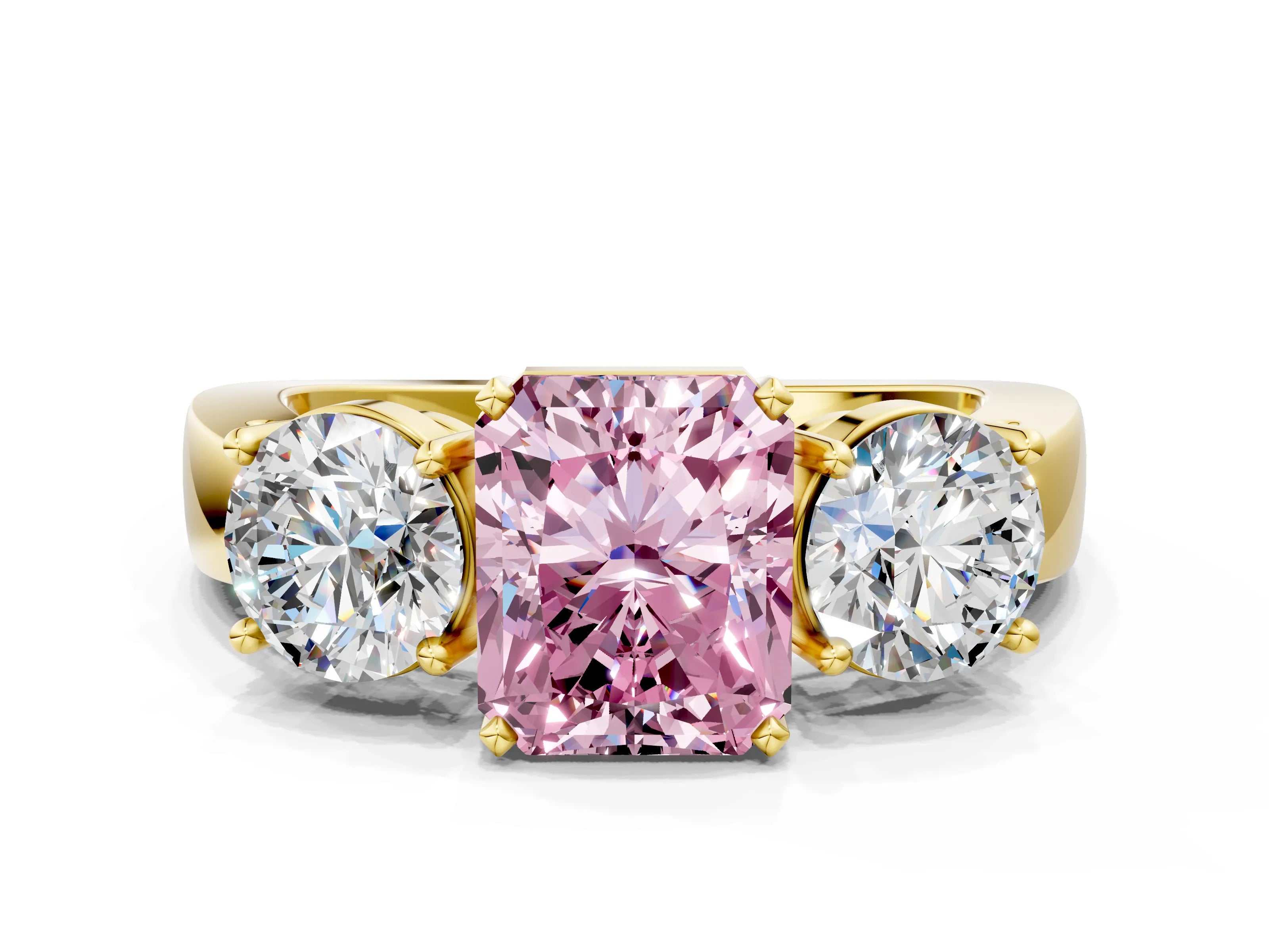 Yellow gold Three-Stone Fancy Pink Radiant Cut Diamond Ring with Round Side Stones, Classic Band, and Four-Prong Setting