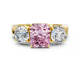 Yellow gold Three-Stone Fancy Pink Radiant Cut Diamond Ring with Round Side Stones, Classic Band, and Four-Prong Setting