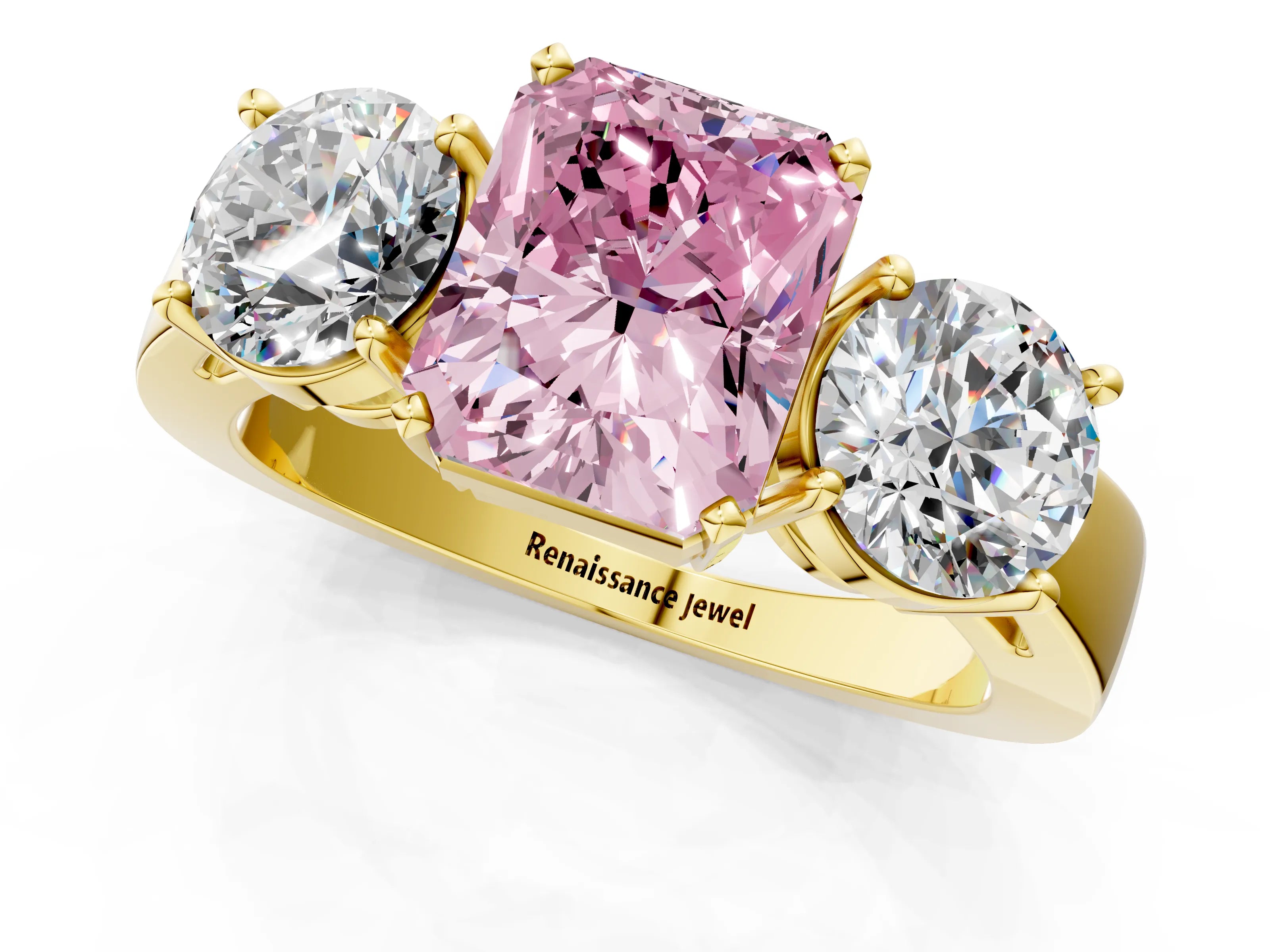 Yellow gold Three-Stone Fancy Pink Radiant Cut Diamond Ring with Round Side Stones, Classic Band, and Four-Prong Setting_1