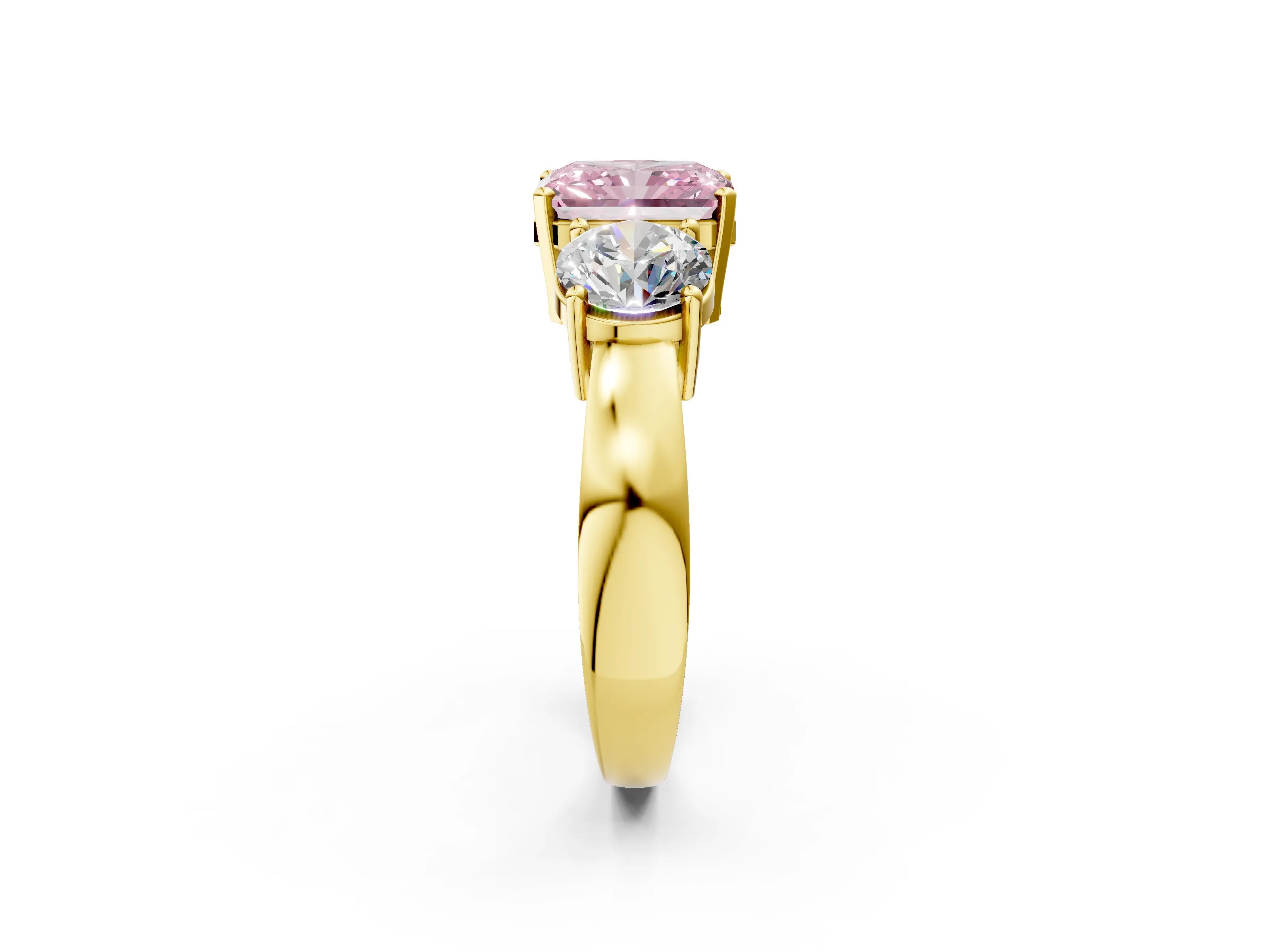 Yellow gold Three-Stone Fancy Pink Radiant Cut Diamond Ring with Round Side Stones, Classic Band, and Four-Prong Setting_2