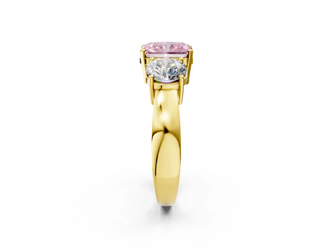 Yellow gold Three-Stone Fancy Pink Radiant Cut Diamond Ring with Round Side Stones, Classic Band, and Four-Prong Setting_2