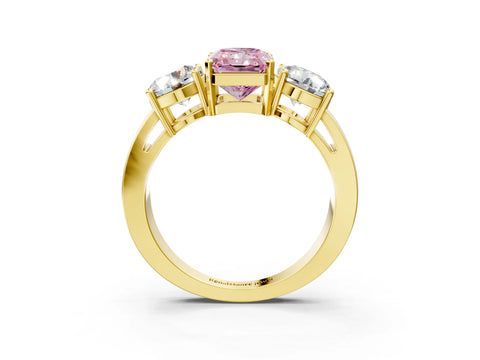 Yellow gold Three-Stone Fancy Pink Radiant Cut Diamond Ring with Round Side Stones, Classic Band, and Four-Prong Setting_3