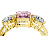 Yellow gold Three-Stone Fancy Pink Radiant Cut Diamond Ring with Round Side Stones, Classic Band, and Four-Prong Setting_4