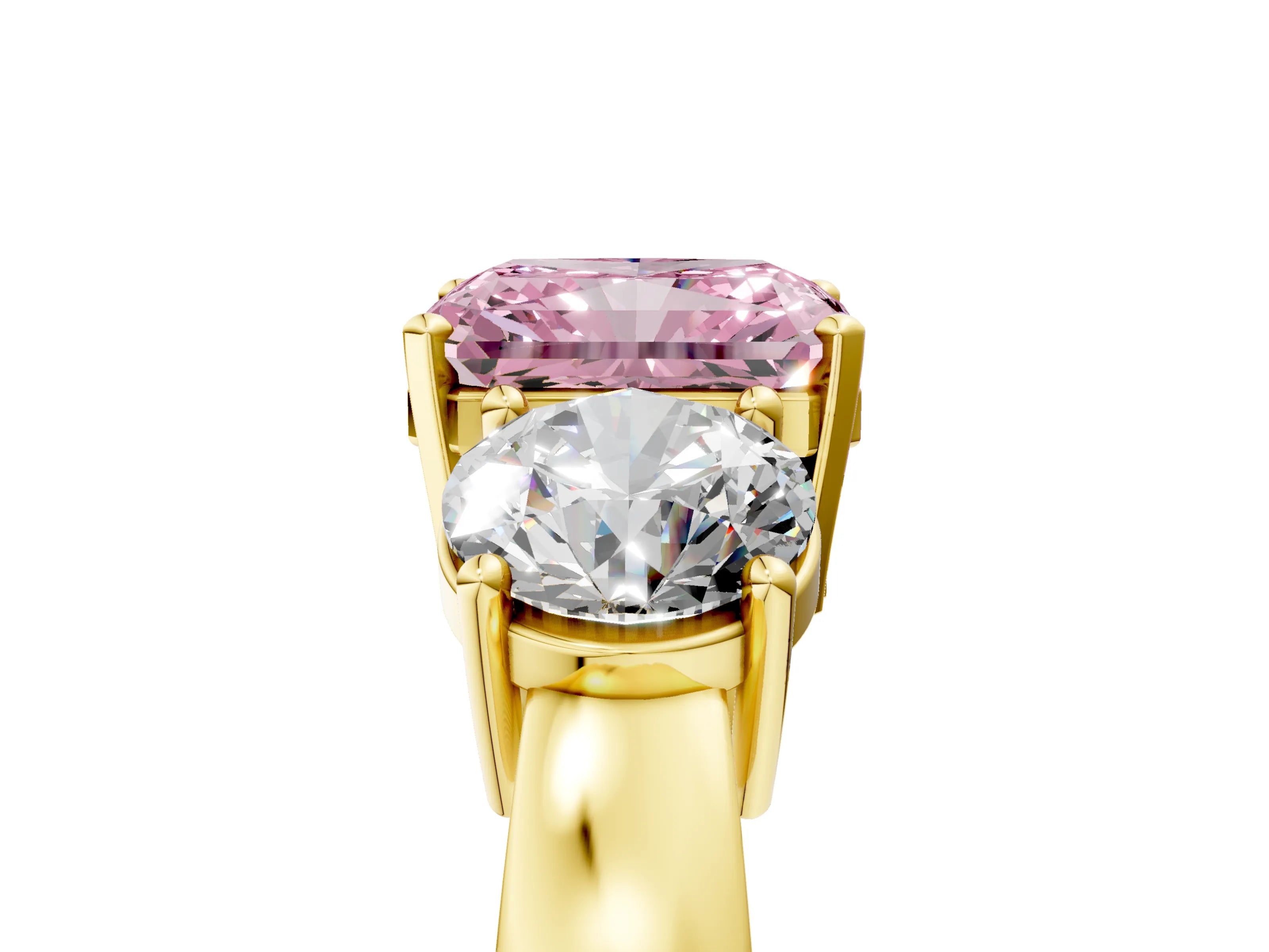 Yellow gold Three-Stone Fancy Pink Radiant Cut Diamond Ring with Round Side Stones, Classic Band, and Four-Prong Setting_5