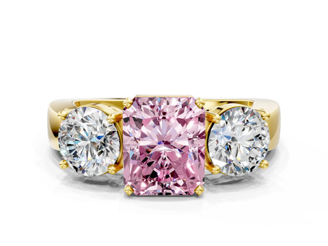 Yellow gold Three-Stone Fancy Pink Radiant Cut Diamond Ring with Round Side Stones, Classic Band, and Four-Prong Setting