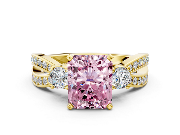 Yellow gold Three-Stone Fancy Pink Radiant  Cut Diamond Twist Band with Prong Setting