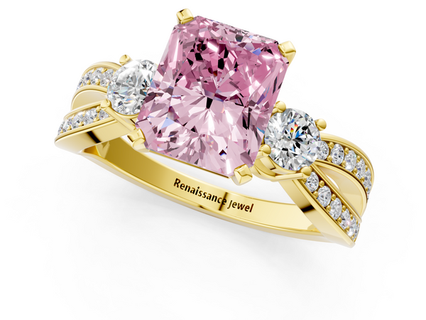 Yellow gold Three-Stone Fancy Pink Radiant  Cut Diamond Twist Band with Prong Setting