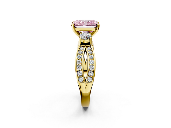 Yellow gold Three-Stone Fancy Pink Radiant  Cut Diamond Twist Band with Prong Setting