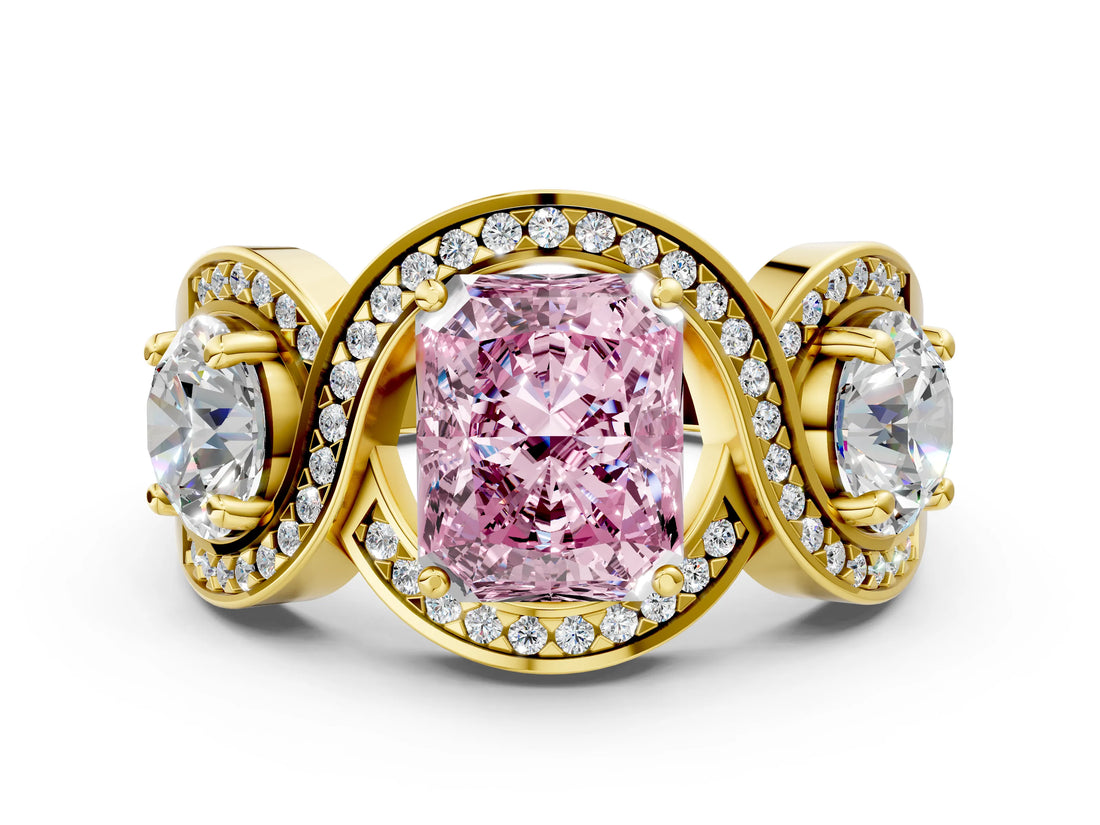 Yellow gold Three-Stone Fancy Pink Radiant Cut Diamond Wave Pave Band with Prong Setting_18