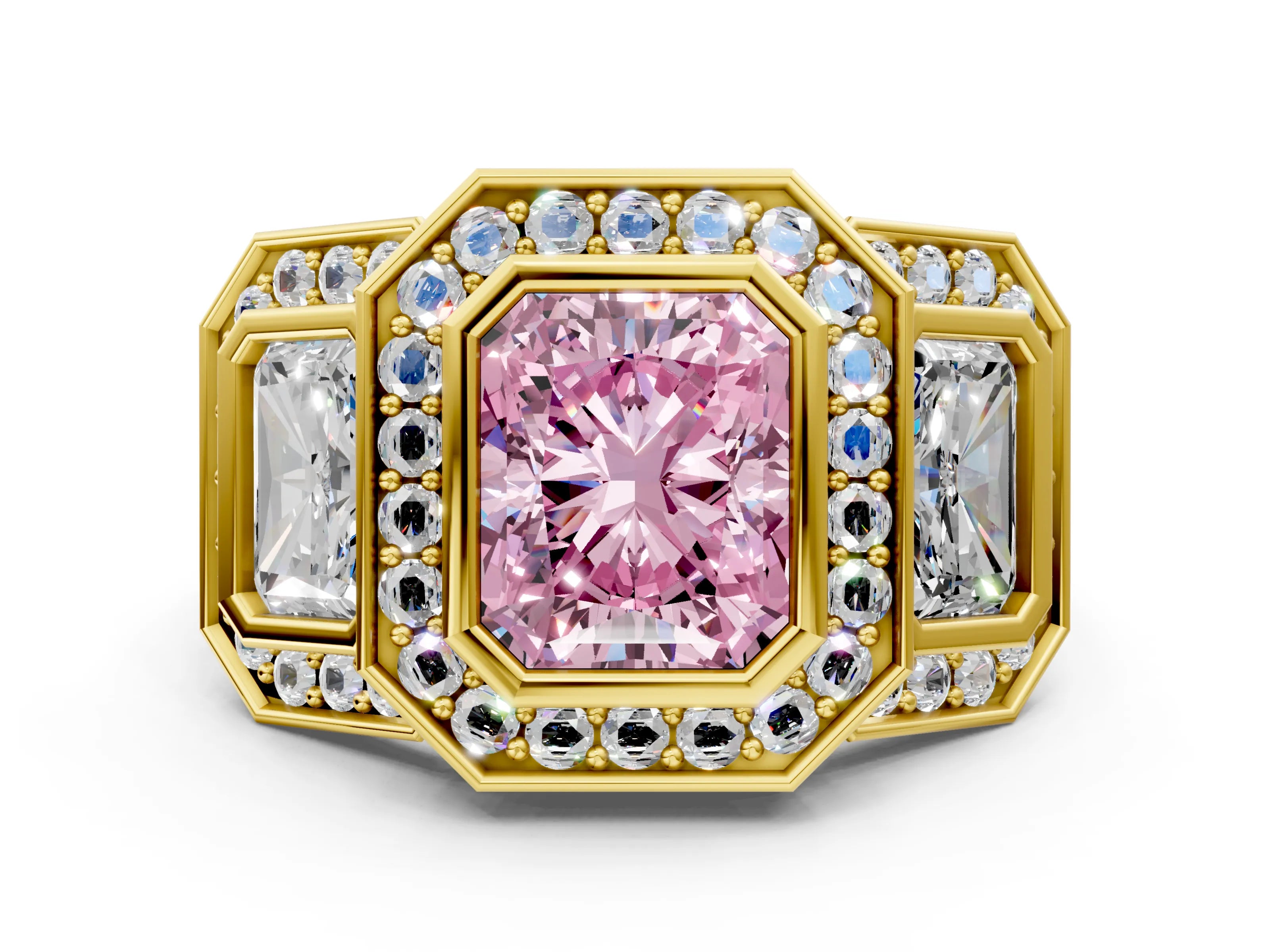 Yellow gold Three-Stone Fancy Pink Radiant Cut Halo Pavé Diamond Ring_12