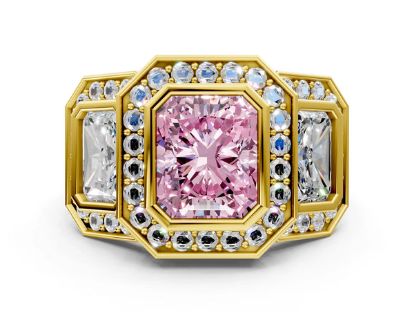 Yellow gold Three-Stone Fancy Pink Radiant Cut Halo Pavé Diamond Ring