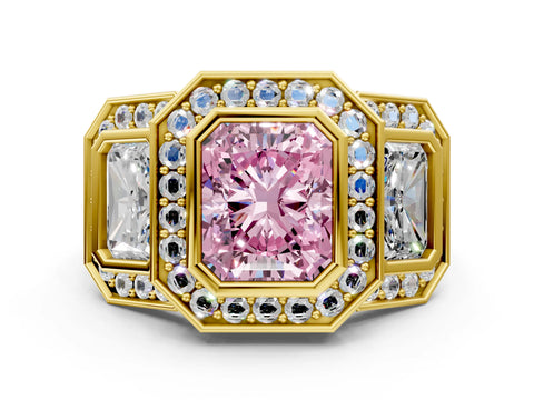 Yellow gold Three-Stone Fancy Pink Radiant Cut Halo Pavé Diamond Ring_12
