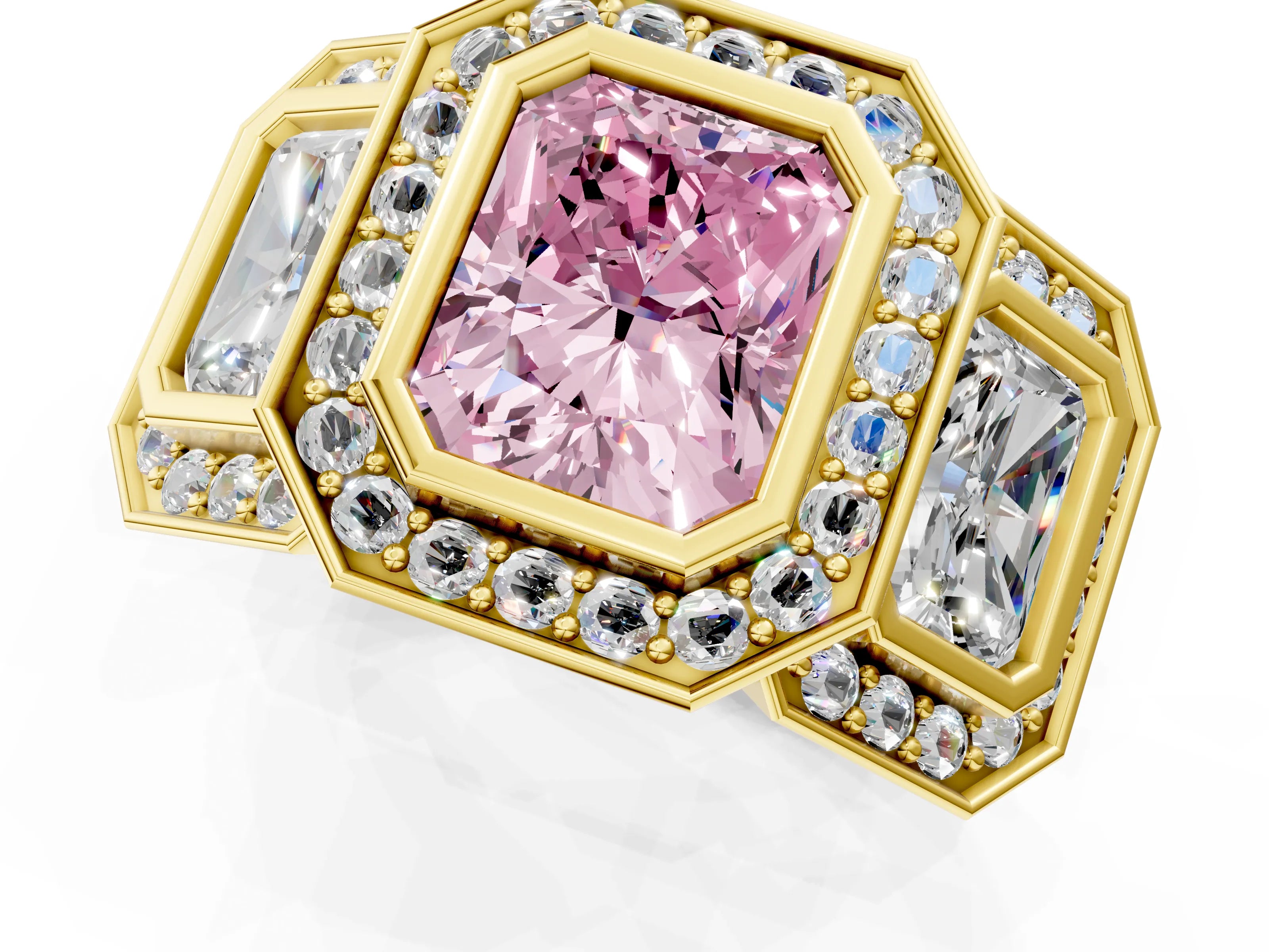 Yellow gold Three-Stone Fancy Pink Radiant Cut Halo Pavé Diamond Ring_13