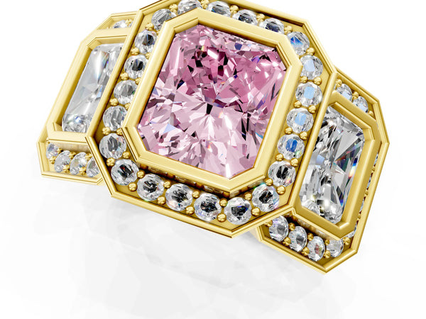 Yellow gold Three-Stone Fancy Pink Radiant Cut Halo Pavé Diamond Ring