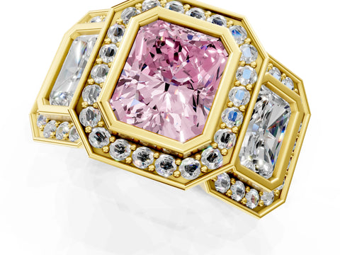 Yellow gold Three-Stone Fancy Pink Radiant Cut Halo Pavé Diamond Ring_13