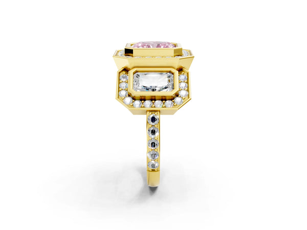 Yellow gold Three-Stone Fancy Pink Radiant Cut Halo Pavé Diamond Ring