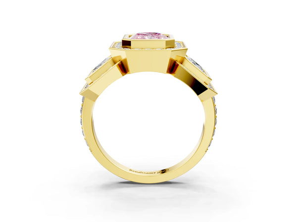 Yellow gold Three-Stone Fancy Pink Radiant Cut Halo Pavé Diamond Ring