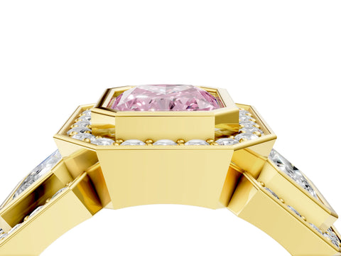 Yellow gold Three-Stone Fancy Pink Radiant Cut Halo Pavé Diamond Ring_16