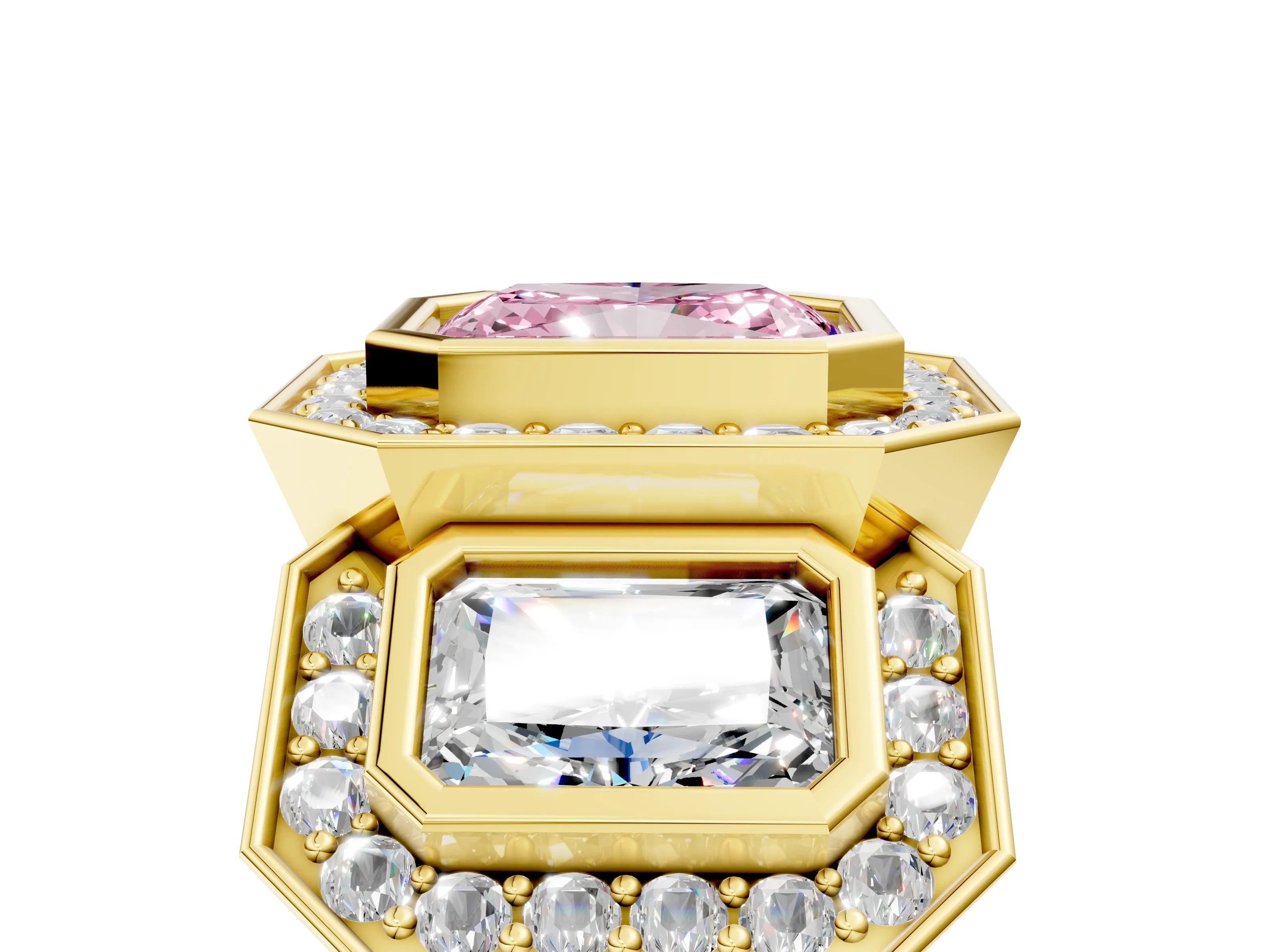 Yellow gold Three-Stone Fancy Pink Radiant Cut Halo Pavé Diamond Ring_17