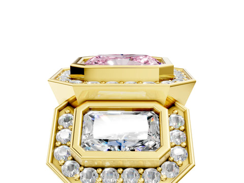 Yellow gold Three-Stone Fancy Pink Radiant Cut Halo Pavé Diamond Ring_17