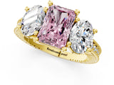 Yellow gold Three-Stone Fancy Pink Radiant  Diamond Milgrain Pave Band with Prong Setting 3