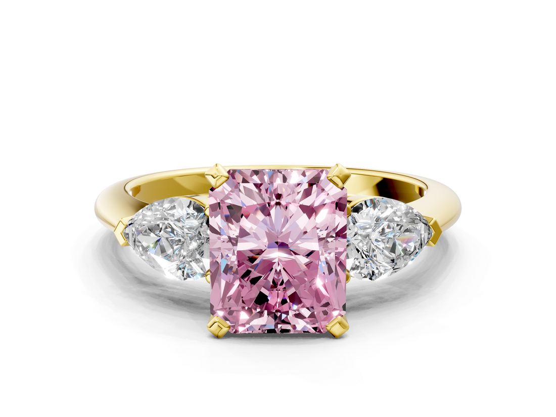 Yellow gold Three-Stone Fancy Pink Radiant  Diamond Ring with Pear Side Stones in Four-Prong Setting_79