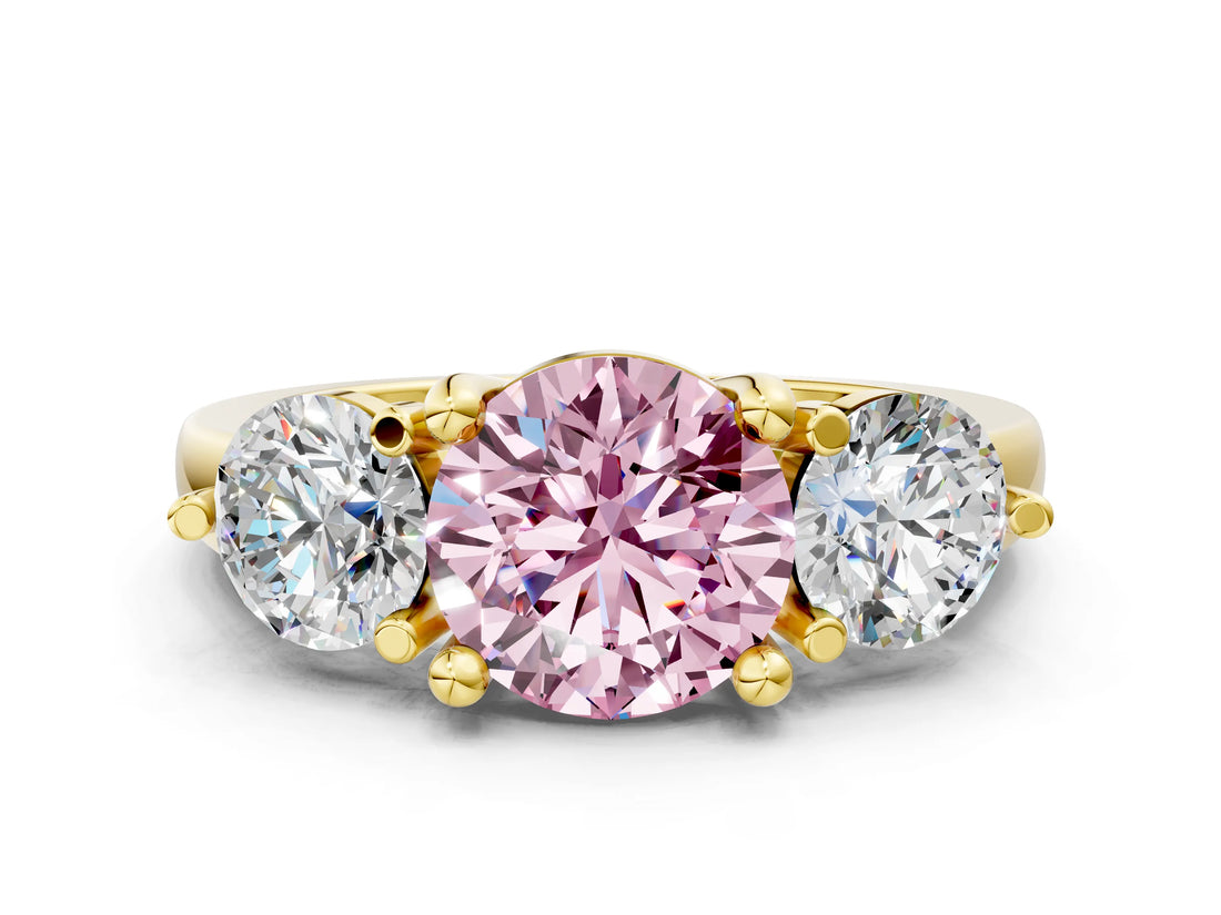 Yellow gold Three-Stone Fancy Pink Round  Brilliant Cut Solitaire Ring with Prong Setting on a Classic Band 2