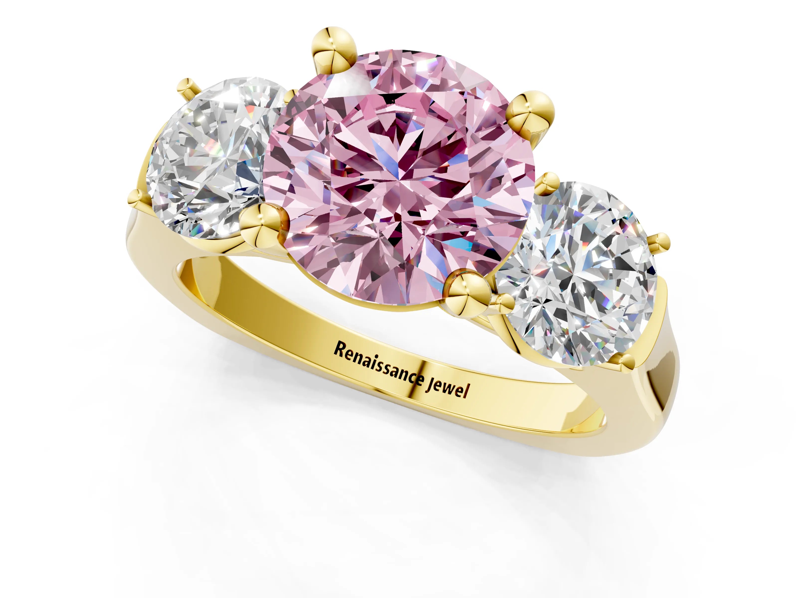 Yellow gold Three-Stone Fancy Pink Round Cut Brilliant Diamond Trellis Ring with Comfort Fit Band_13