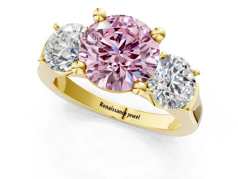 Yellow gold Three-Stone Fancy Pink Round Cut Brilliant Diamond Trellis Ring with Comfort Fit Band_13