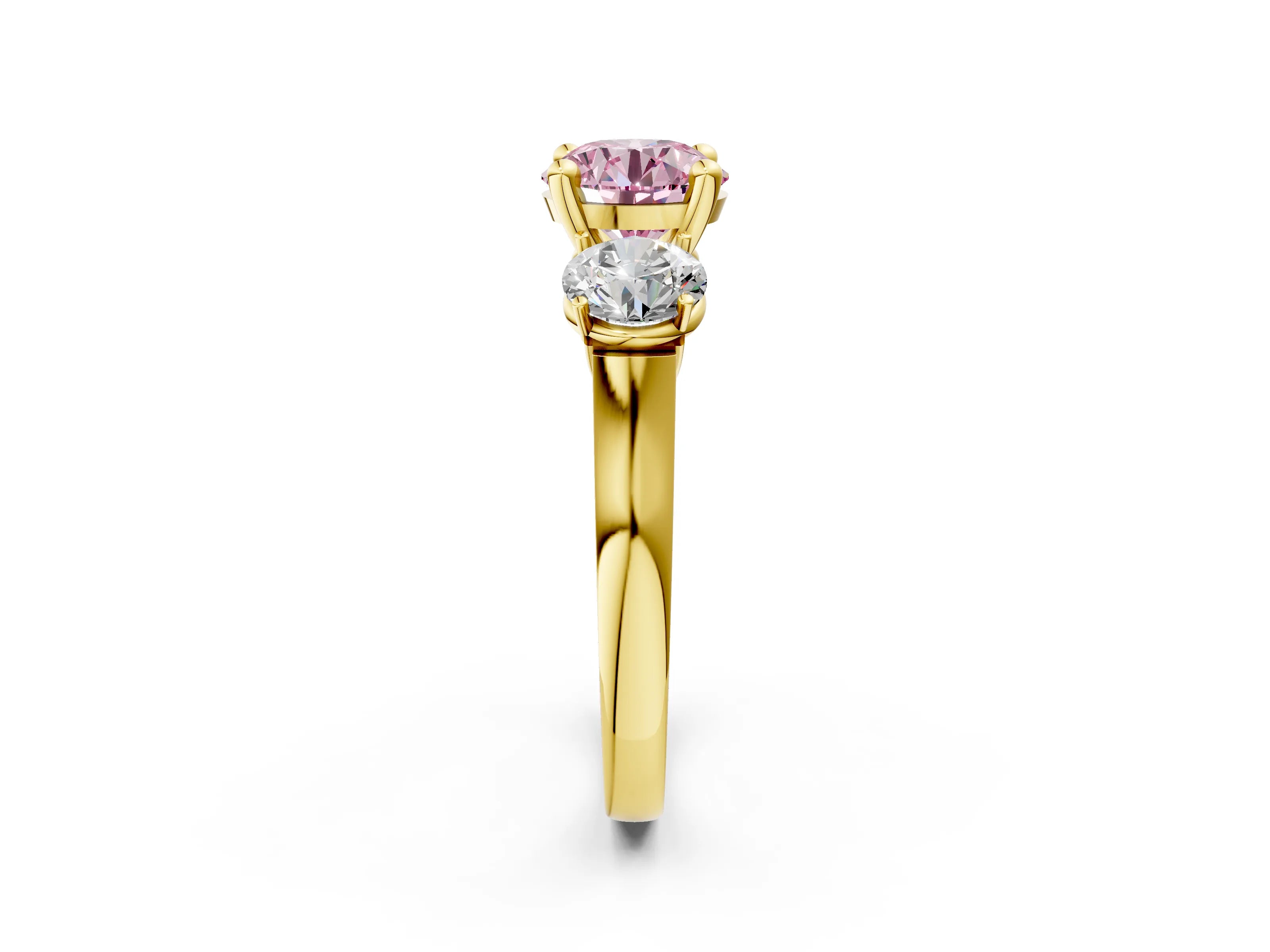 Yellow gold Three-Stone Fancy Pink Round Cut Brilliant Diamond Trellis Ring with Comfort Fit Band_14