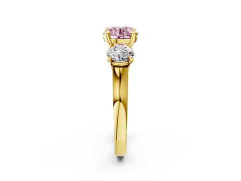 Yellow gold Three-Stone Fancy Pink Round Cut Brilliant Diamond Trellis Ring with Comfort Fit Band_14