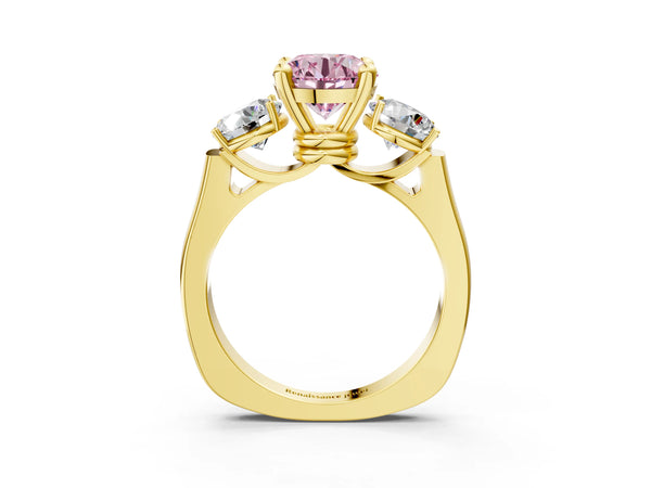 Yellow gold Three-Stone Fancy Pink Round Cut Brilliant Diamond Trellis Ring with Comfort Fit Band