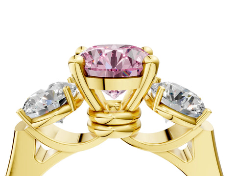 Yellow gold Three-Stone Fancy Pink Round Cut Brilliant Diamond Trellis Ring with Comfort Fit Band_16