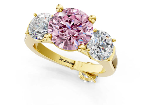 Yellow gold Three-Stone Fancy Pink Round Cut Brilliant Diamond Trellis Ring with Comfort Fit Band_1