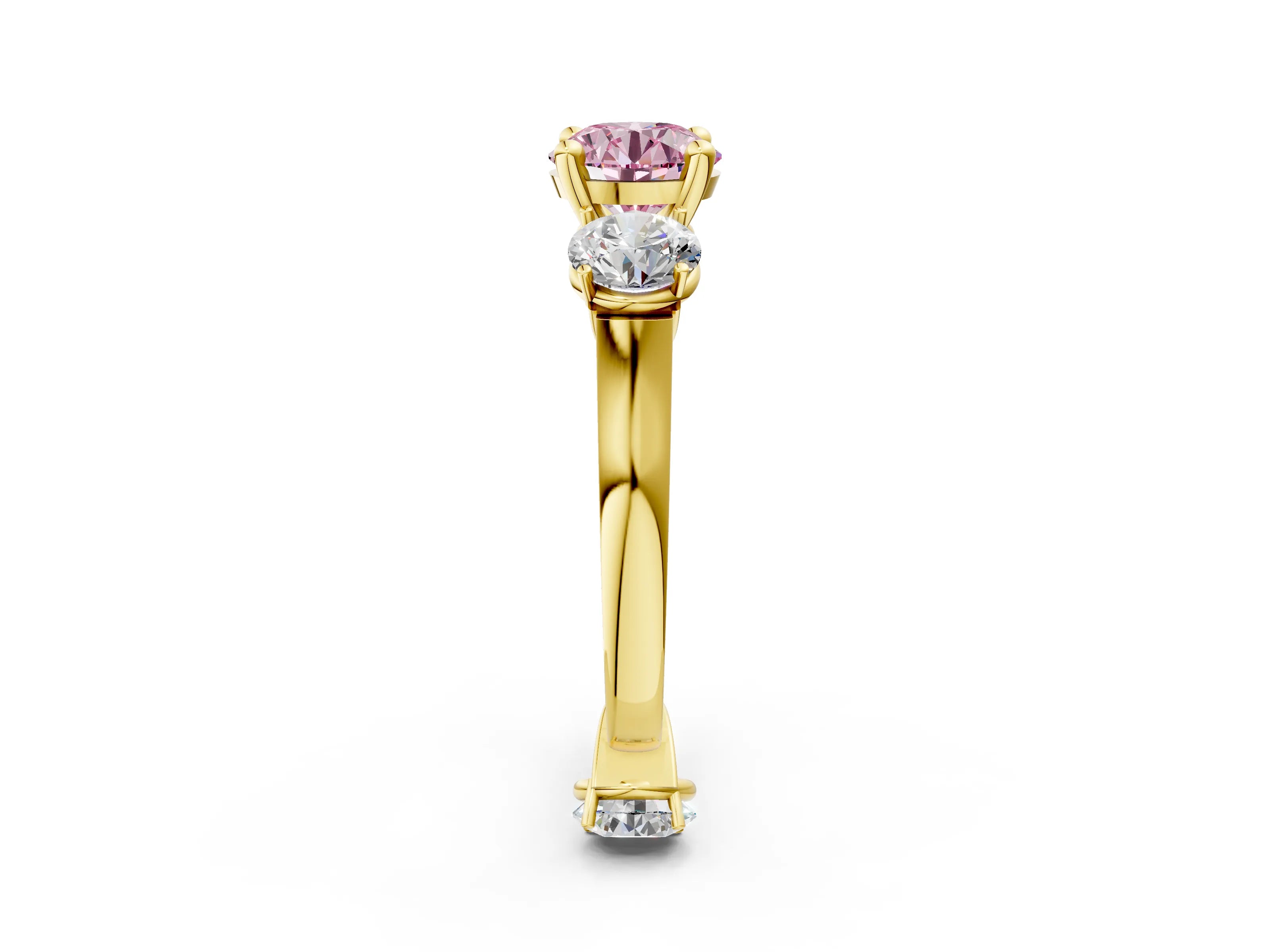 Yellow gold Three-Stone Fancy Pink Round Cut Brilliant Diamond Trellis Ring with Comfort Fit Band_2