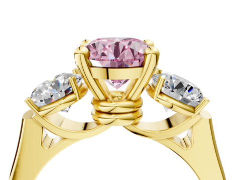 Yellow gold Three-Stone Fancy Pink Round Cut Brilliant Diamond Trellis Ring with Comfort Fit Band_4