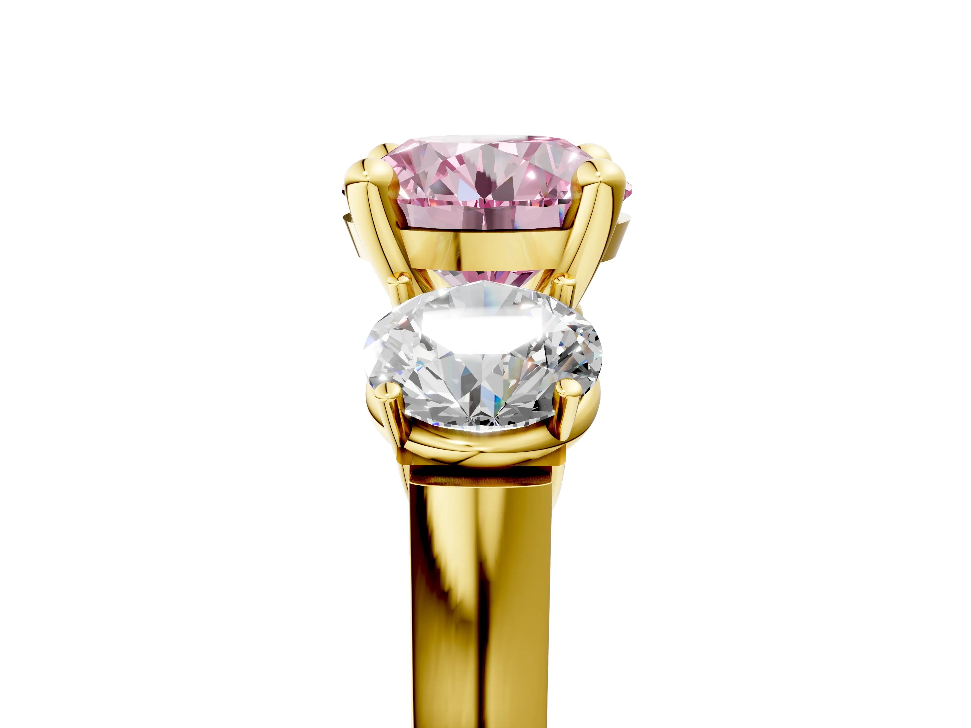 Yellow gold Three-Stone Fancy Pink Round Cut Brilliant Diamond Trellis Ring with Comfort Fit Band_5