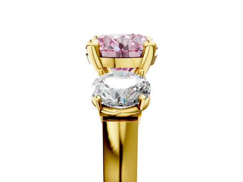 Yellow gold Three-Stone Fancy Pink Round Cut Brilliant Diamond Trellis Ring with Comfort Fit Band_5