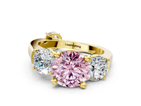 Yellow gold Three-Stone Fancy Pink Round Cut Brilliant Diamond Trellis Ring with Comfort Fit Band