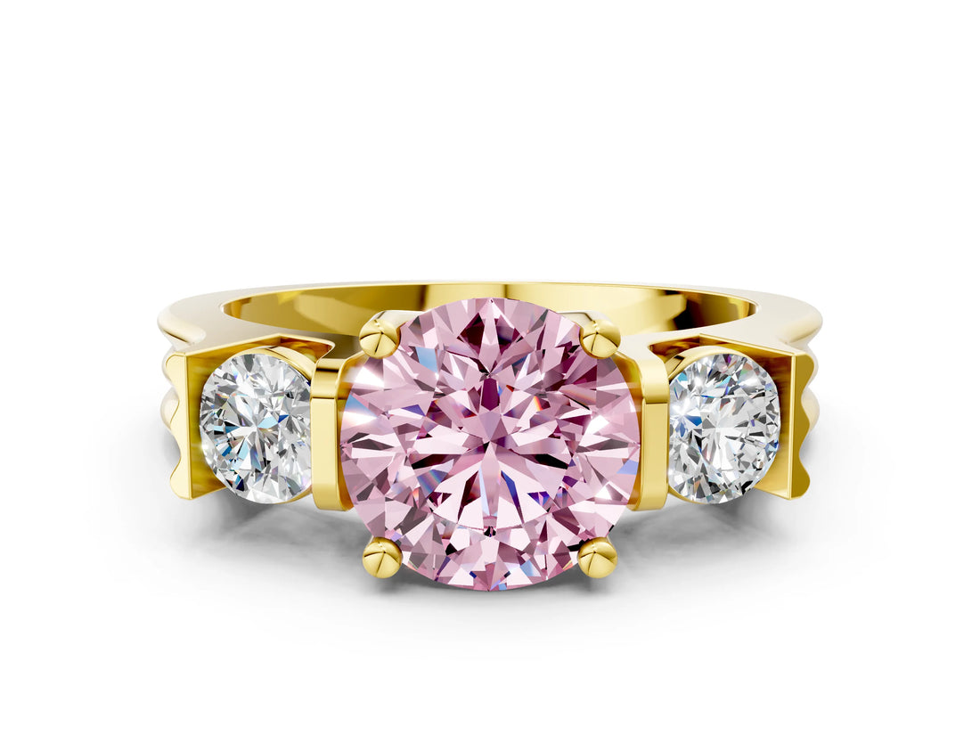 Yellow gold Three-Stone Fancy Pink Round Cut Cut Classic Band Prong Setting Ring