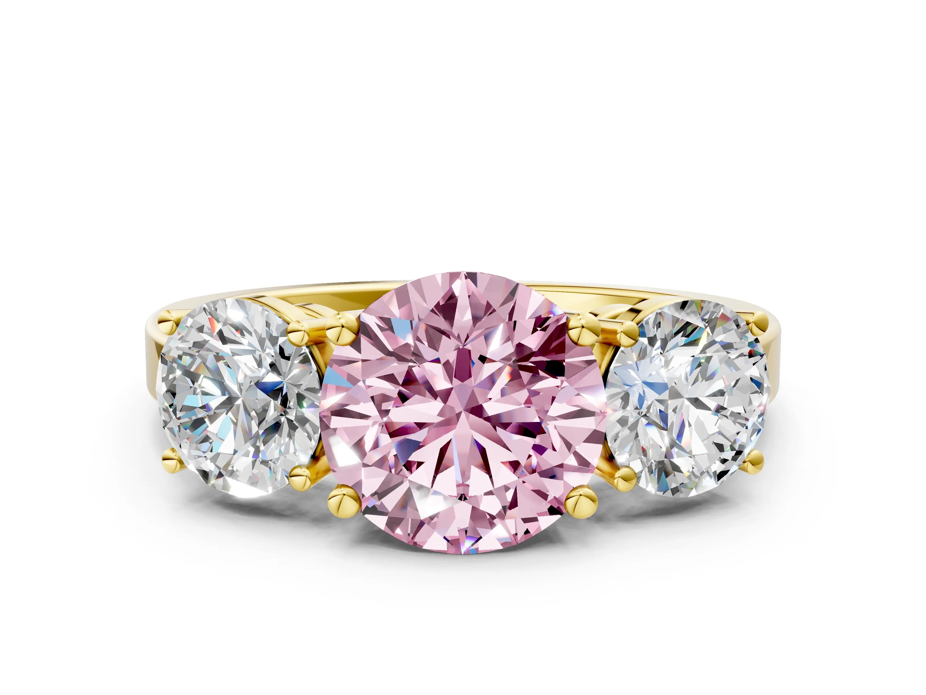 Yellow gold Three-Stone Fancy Pink Round Cut Cut Diamond Engagement Ring with Flat Band and Four-Prong Setting