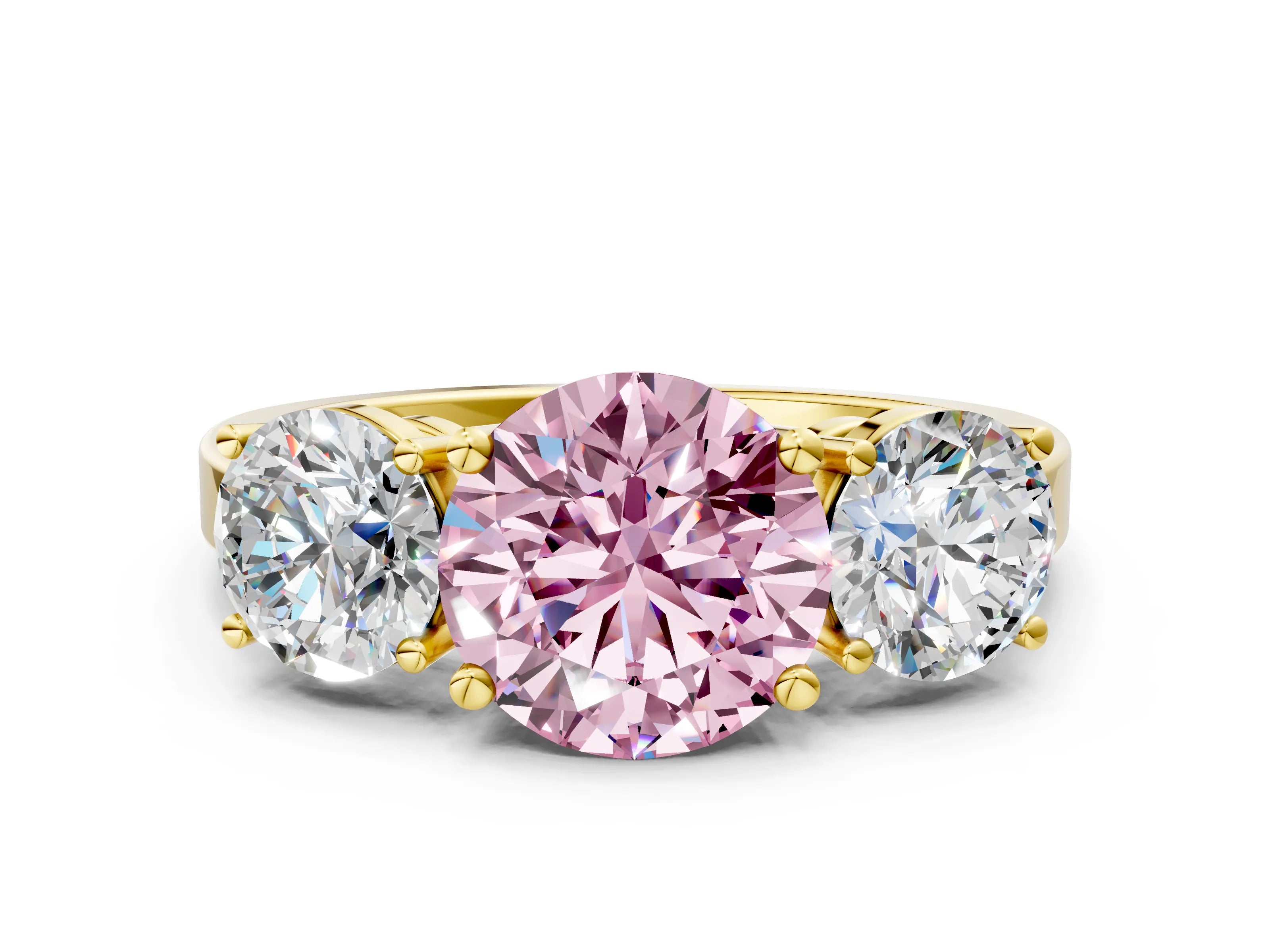 Yellow gold Three-Stone Fancy Pink Round Cut Cut Diamond Engagement Ring with Flat Band and Four-Prong Setting_12