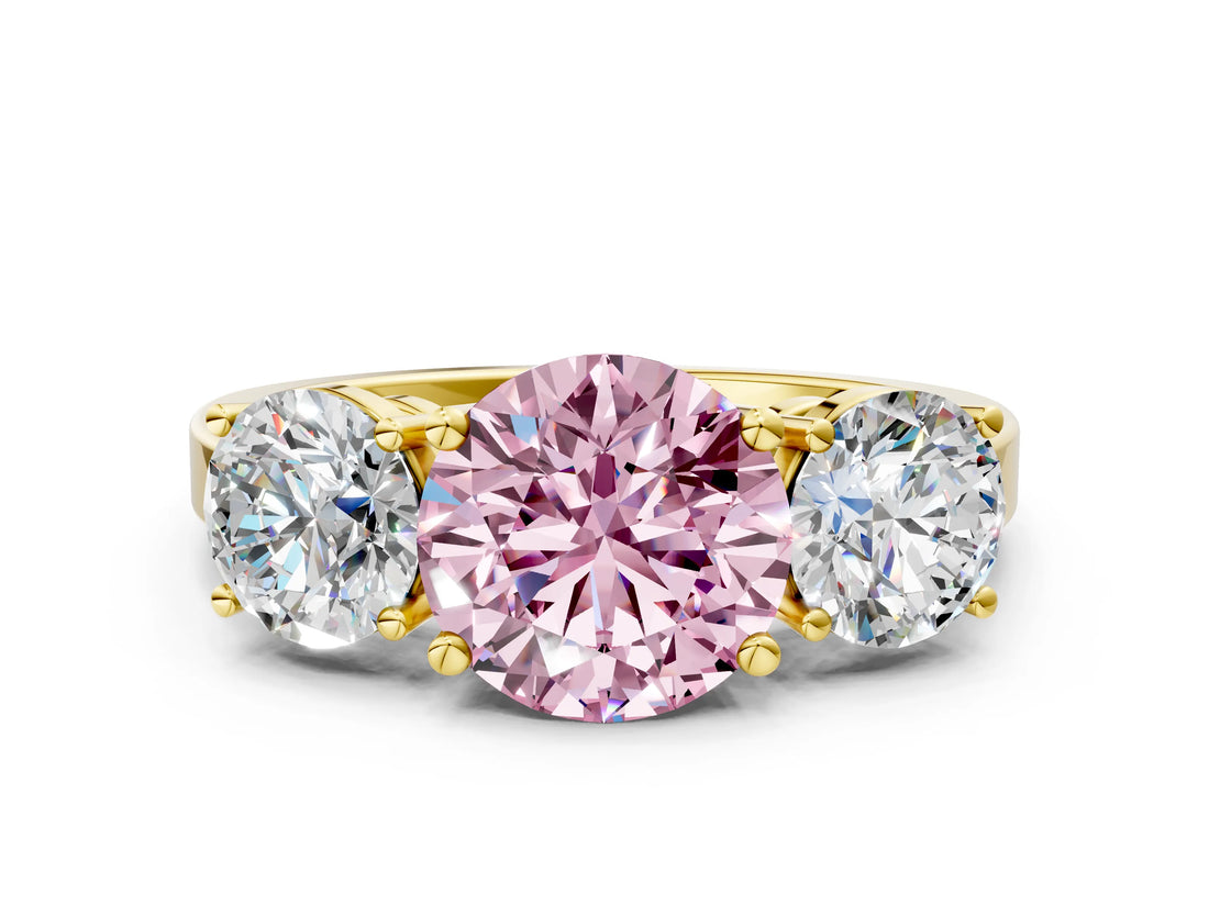 Yellow gold Three-Stone Fancy Pink Round Cut Cut Diamond Engagement Ring with Flat Band and Four-Prong Setting_12
