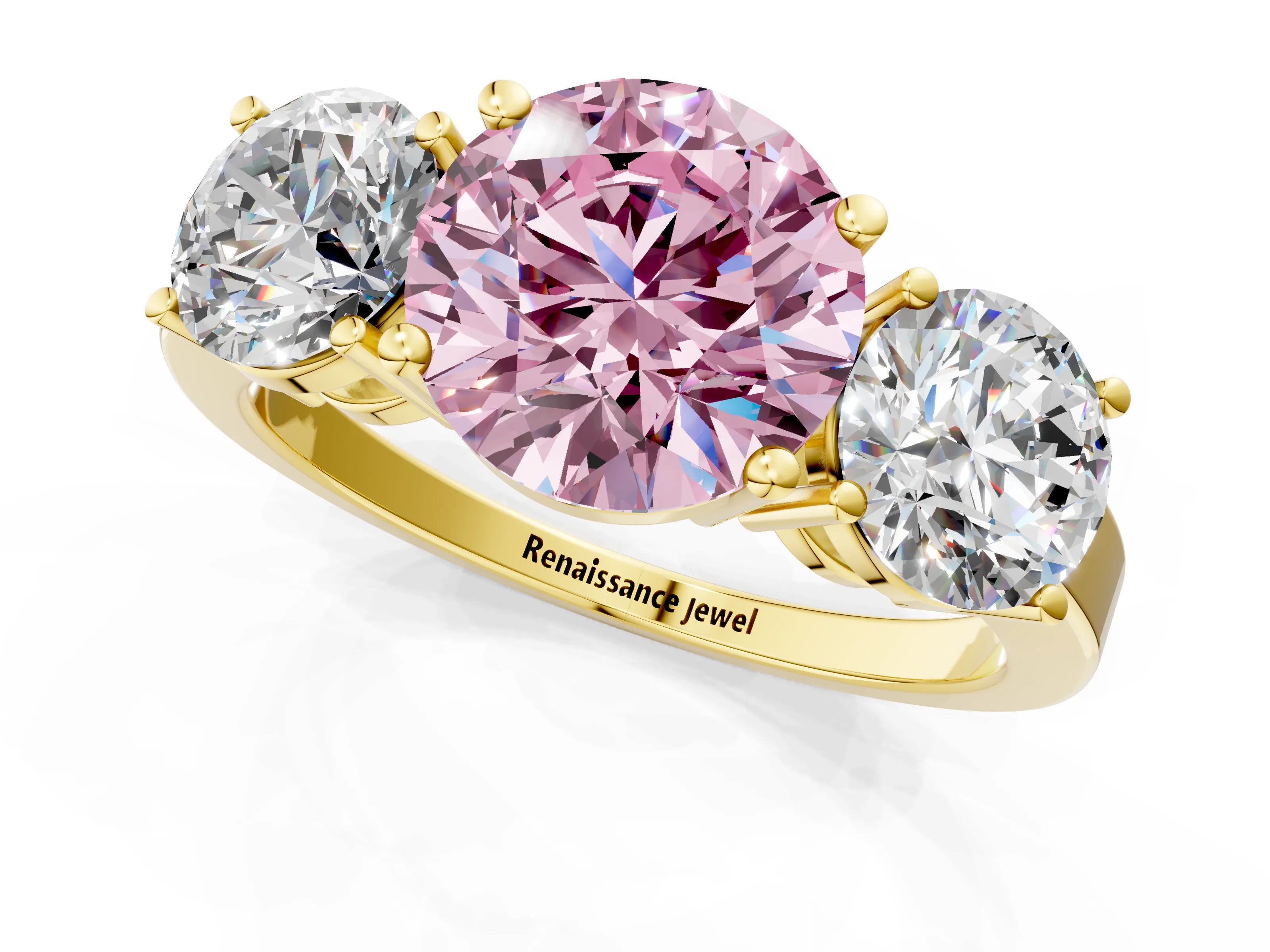 Yellow gold Three-Stone Fancy Pink Round Cut Cut Diamond Engagement Ring with Flat Band and Four-Prong Setting_13