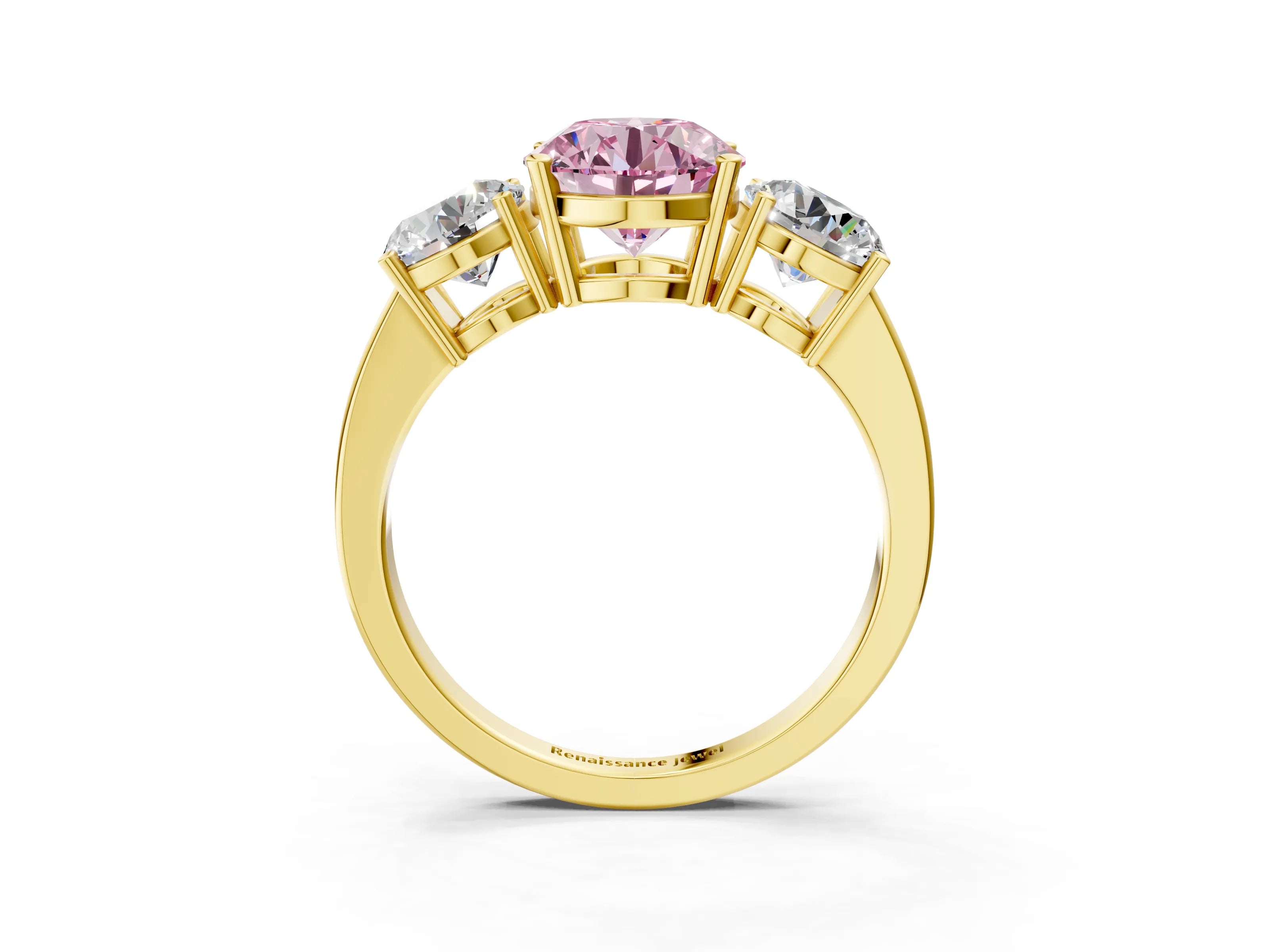 Yellow gold Three-Stone Fancy Pink Round Cut Cut Diamond Engagement Ring with Flat Band and Four-Prong Setting_15