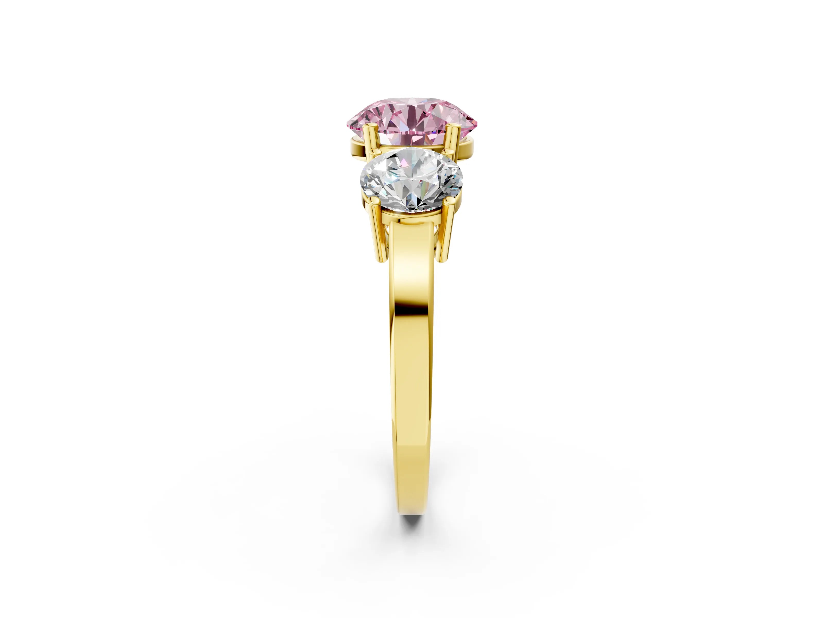 Yellow gold Three-Stone Fancy Pink Round Cut Cut Diamond Engagement Ring with Flat Band and Four-Prong Setting_2