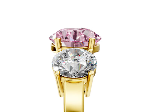 Yellow gold Three-Stone Fancy Pink Round Cut Cut Diamond Engagement Ring with Flat Band and Four-Prong Setting_5