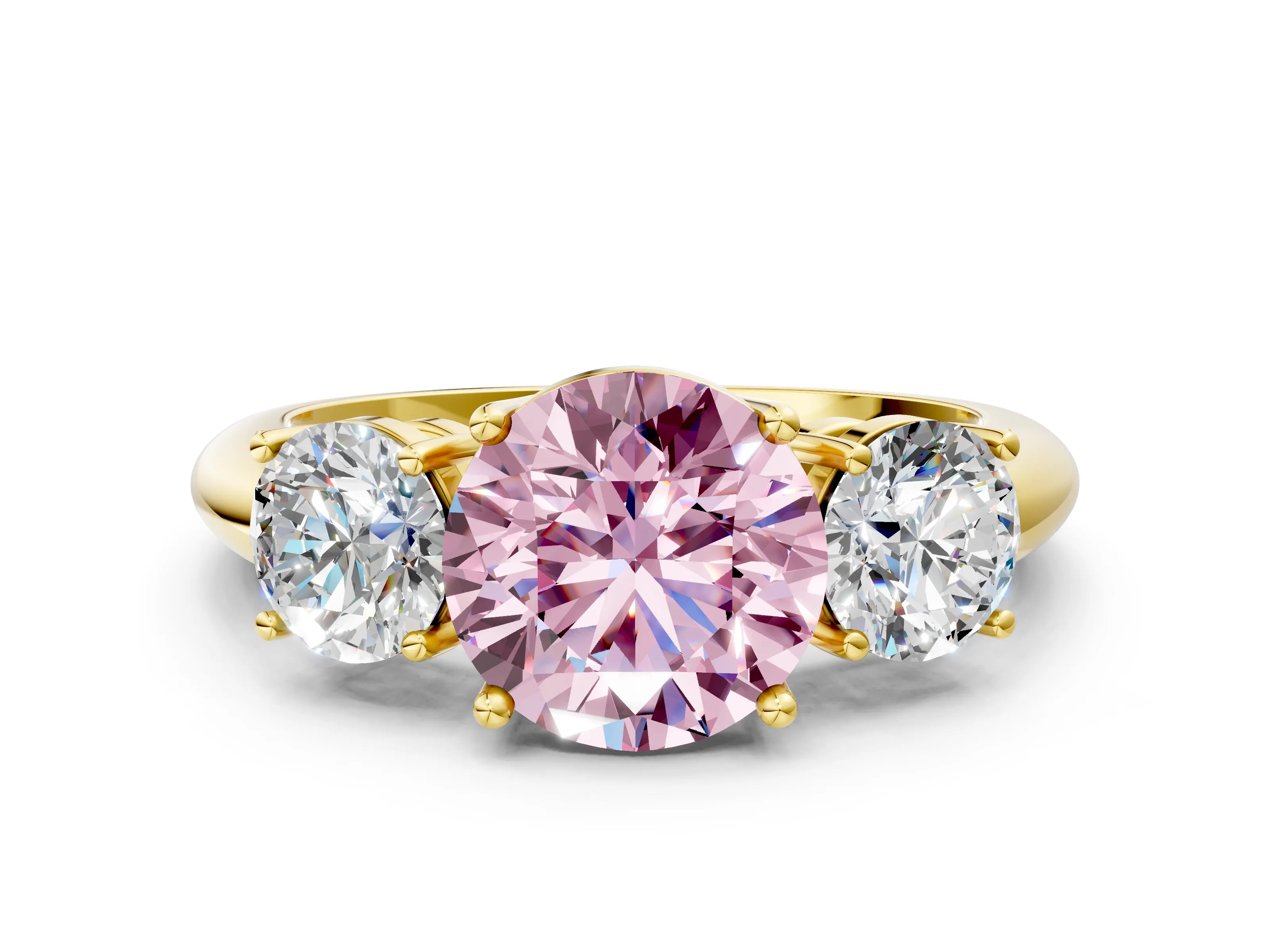 Yellow gold Three-Stone Fancy Pink Round Cut Cut Diamond Engagement Ring with Prong Setting on a White Gold Band
