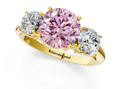 Yellow gold Three-Stone Fancy Pink Round Cut Cut Diamond Engagement Ring with Prong Setting on a White Gold Band_1