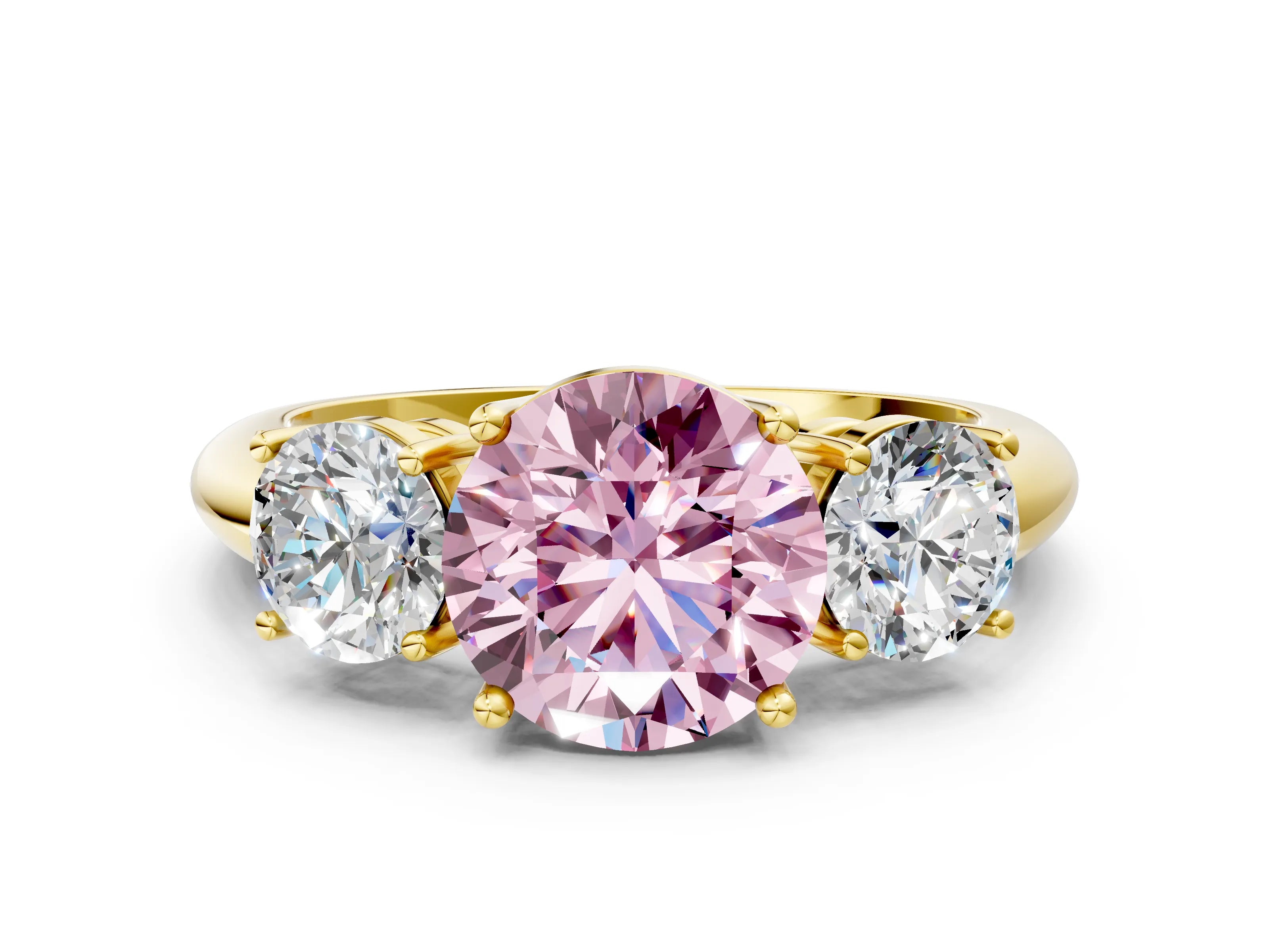Yellow gold Three-Stone Fancy Pink Round Cut Cut Diamond Engagement Ring with Prong Setting on a White Gold Band_24
